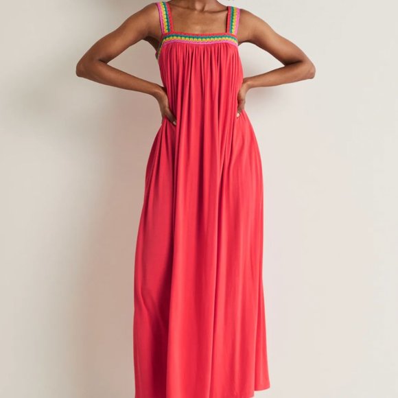 NWT BODEN Crochet Trim Jersey Maxi Dress Hot Coral 4 Petite - Picture 1 of 6